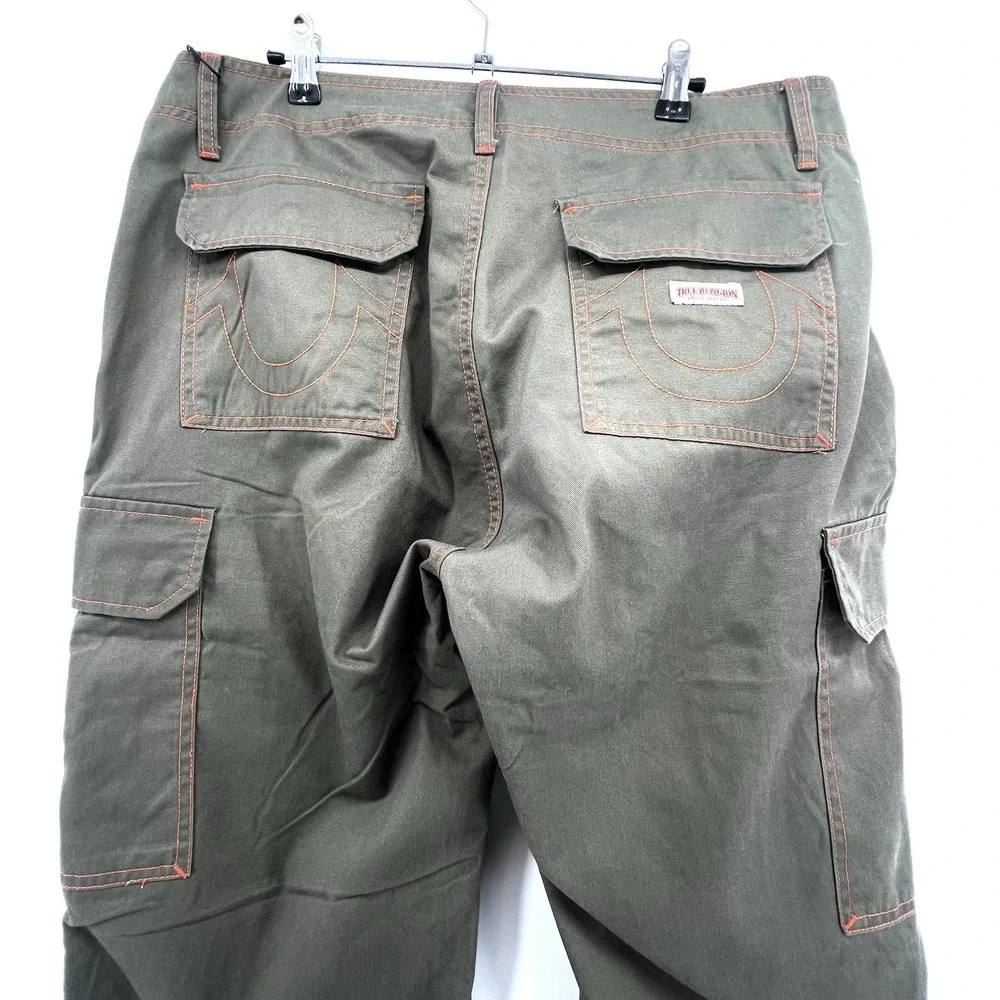 True Religion Cargo Pants Men's 34 Green‎ Kalamata Orange Stitching NWT $159 NEW